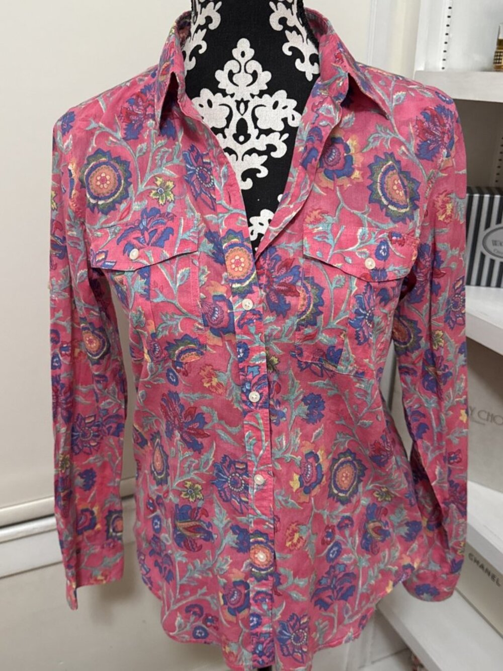 Lauren Ralph Lauren Pink Floral Roll Tab Blouse With Pockets Size Small Petite